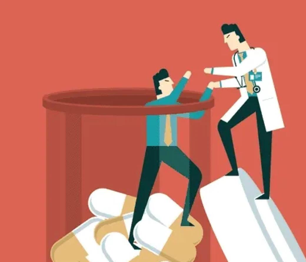 An illustration of a person climbing out of a pill bottle with the help of a doctor