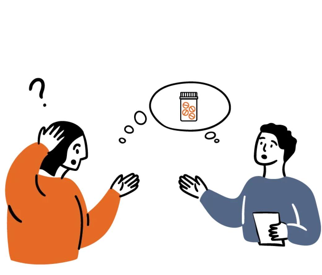 a cartoon of a man and a woman wondering about medication